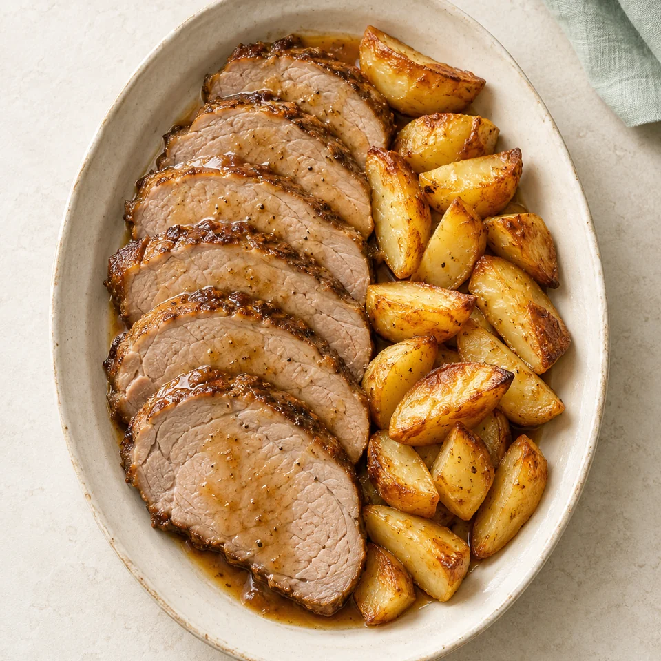 Illustrazione AI di arrosto affettato con patate dorate.