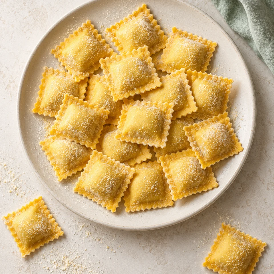 Illustrazione AI di ravioli crudi su piatto chiaro.