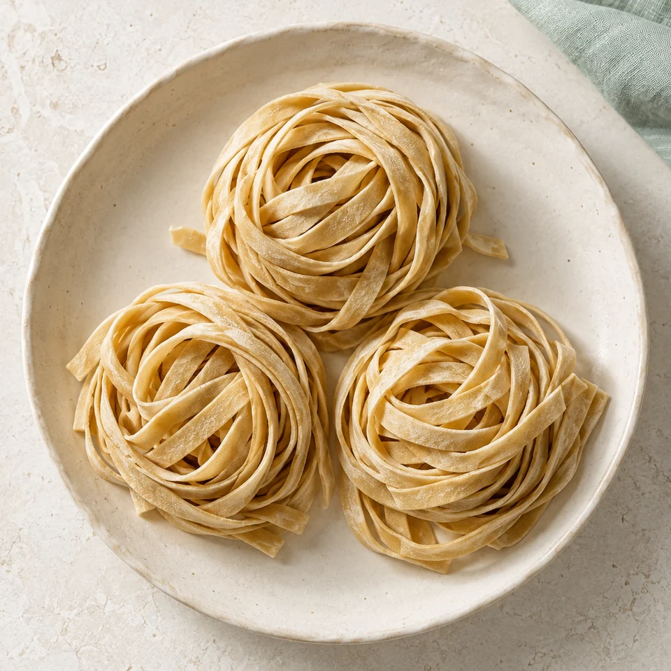 Illustrazione AI di tre nidi di tagliatelle dal colore beige.