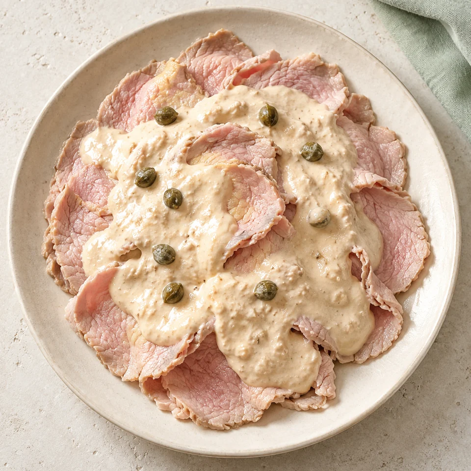Illustrazione AI di vitello tonnato con salsa e capperi.