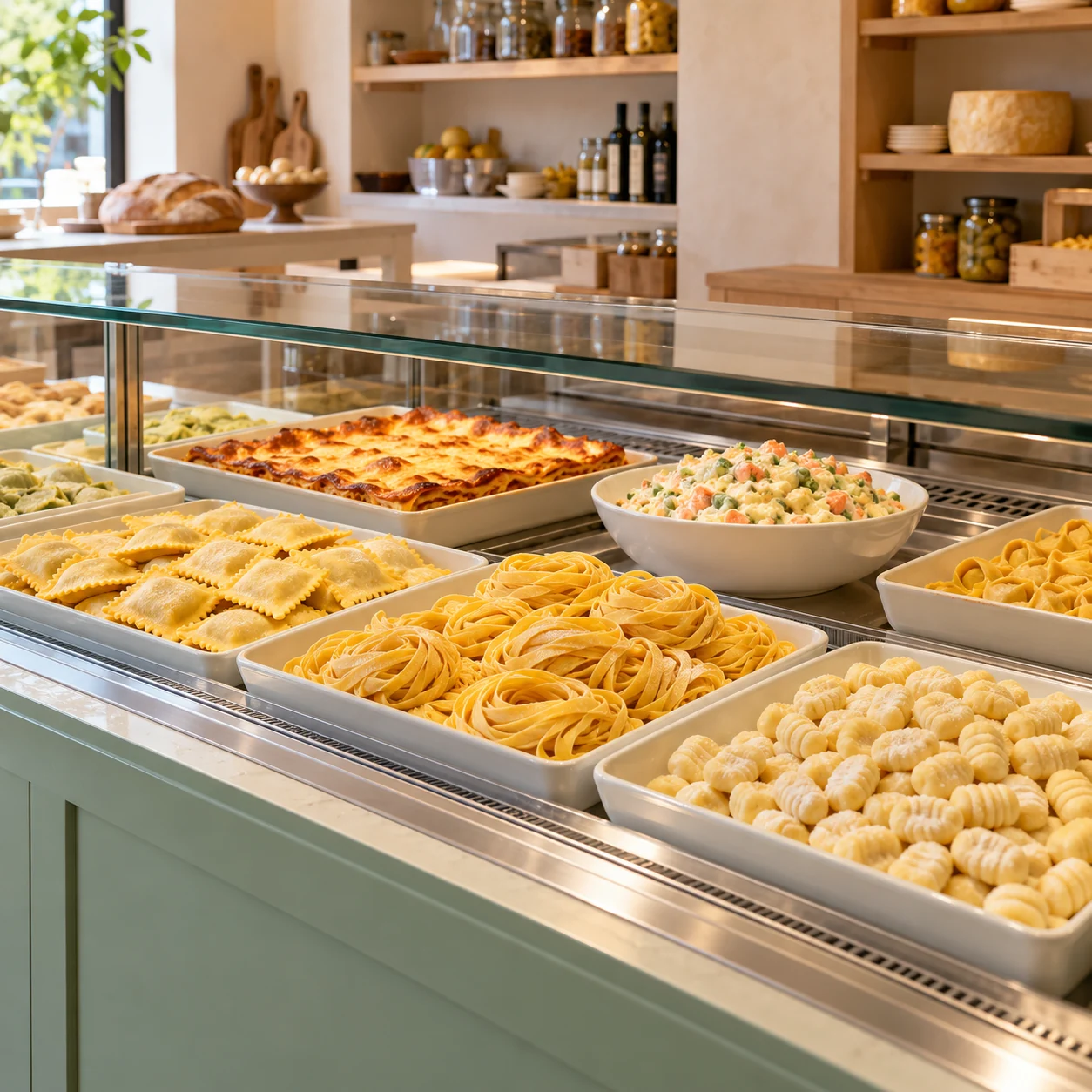 Concept illustrativo AI di un banco di gastronomia con pasta fresca e piatti pronti.